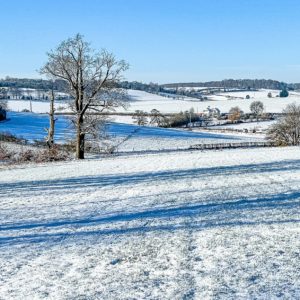 snowy fields and hills in the winter sunshine