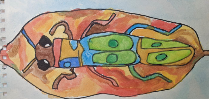 2021 children's art competition, a very colourful watercolour painting of an insect