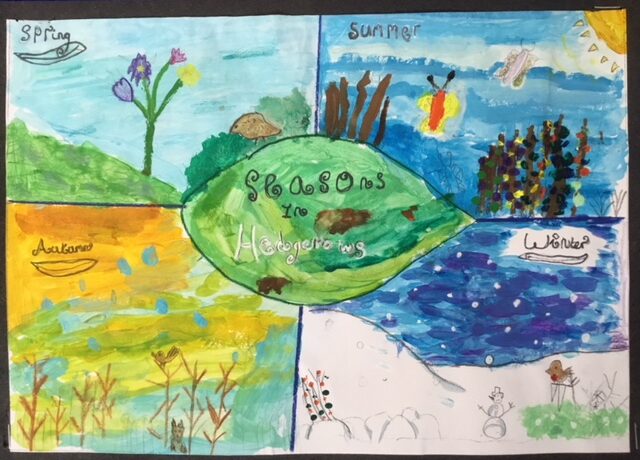 children's art, a vibrant and colourful image showing four seasons of a hedgerow