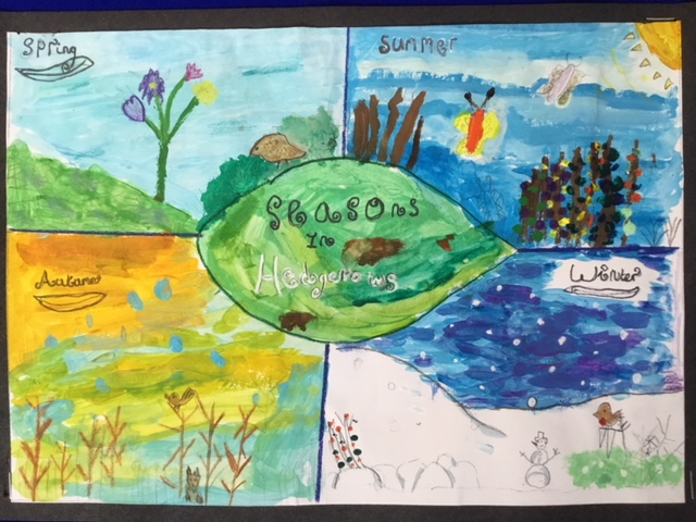 children's art, a vibrant and colourful image showing four seasons of a hedgerow