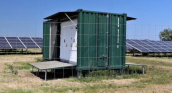 An Inverter at Folly Farm solar farm; inverters look just like big metal freight shipping containers