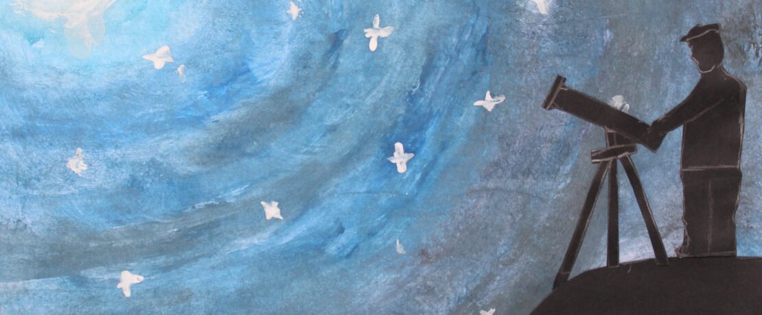 a child's painting of a person looking up at stars in the night sky