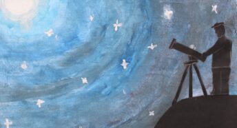 a child's painting of a person looking up at stars in the night sky