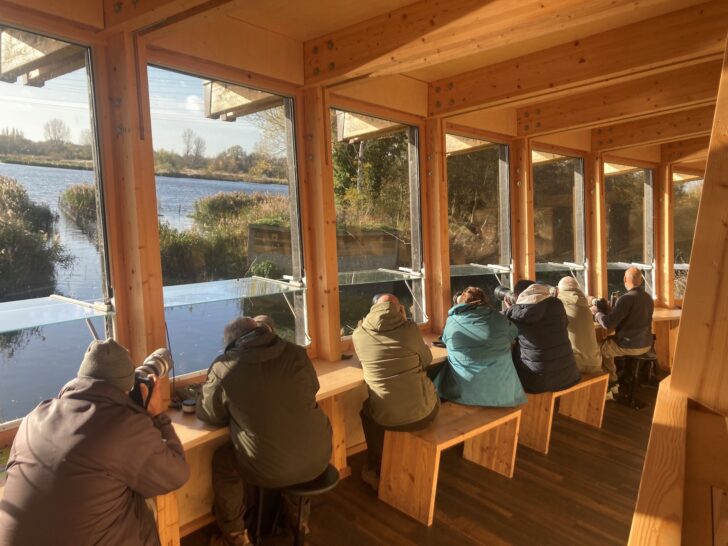 row of bird watchers looking out into a marsh from the comfort of a beautiful and modern hide