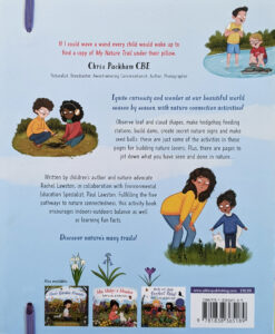 colourful back cover image of book, showing children outdoors in nature