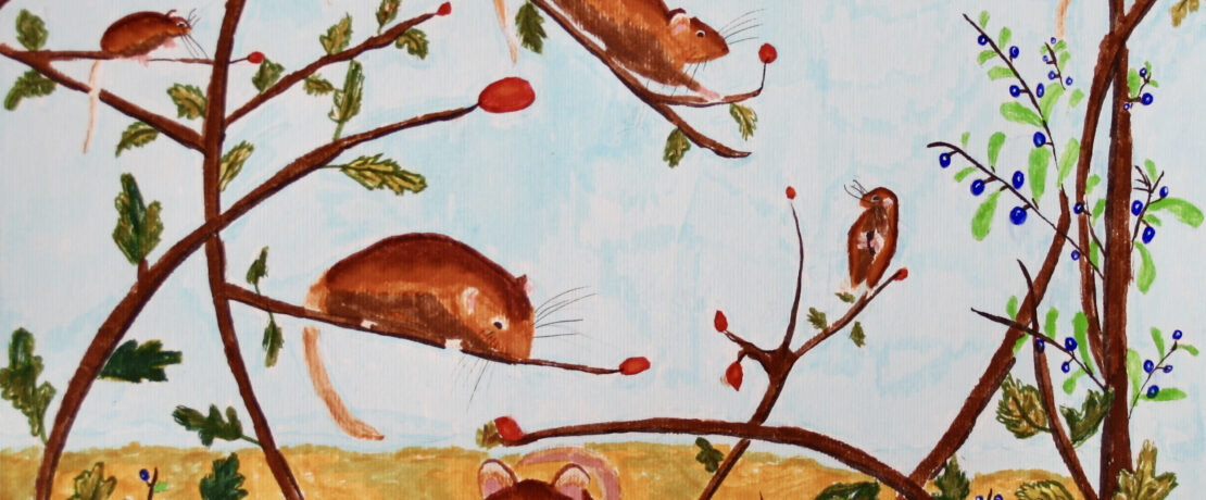 charming artwork showing small animals in a hedge