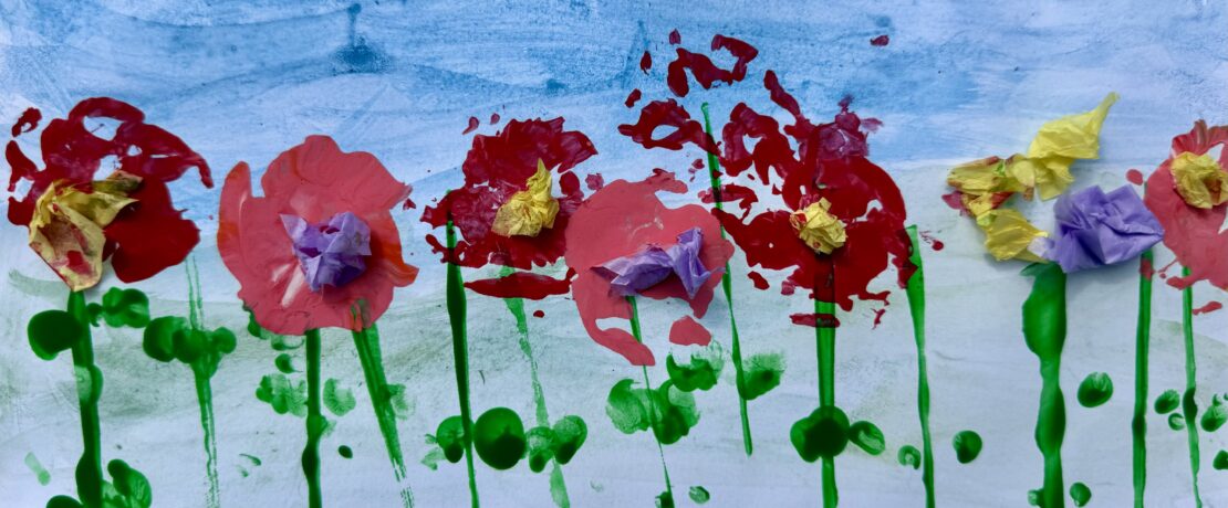 brightly coloured painting and collage of wildflowers