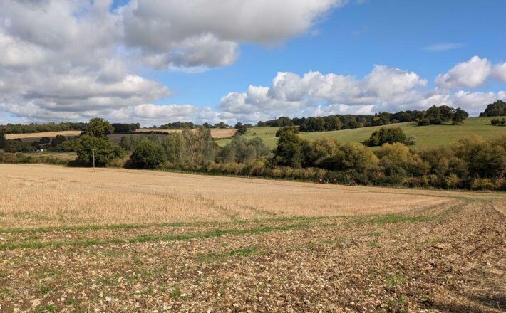 attractive landscape with agricultural field, hedgerows and hills beyond