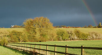 proposed development site for Beane Solar, incl green fields, hedgerows, and Grade II* listed Cromer Windmill