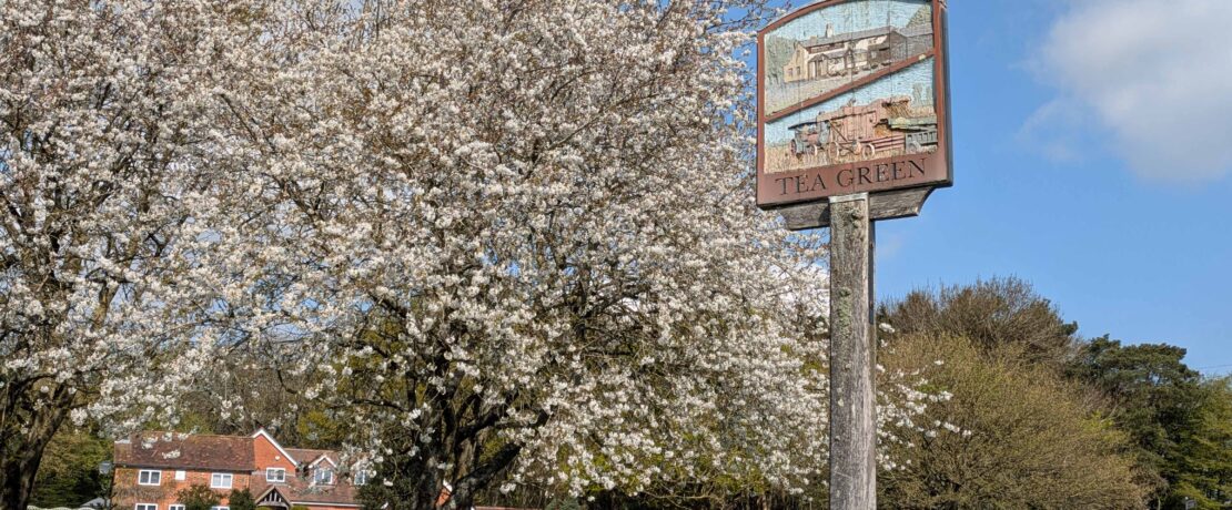 village sign and trees in blossom