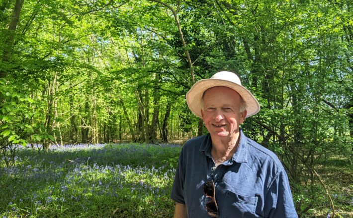 man standing in a wooded glade with bluebells