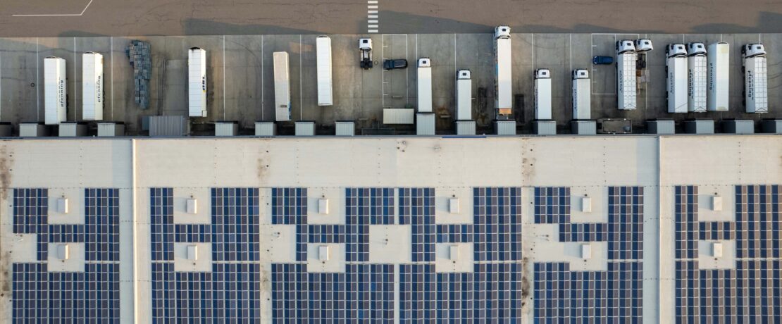 solar panels on a large warehouse roof