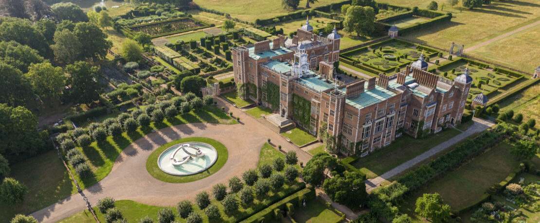 aerial view of Hatfield House and Gardens