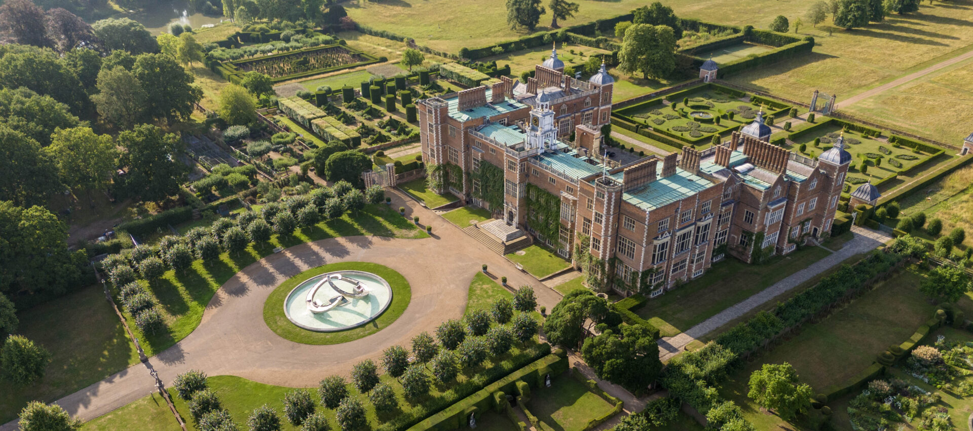 aerial view of Hatfield House and Gardens