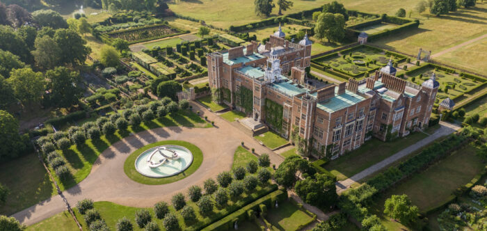 aerial view of Hatfield House and Gardens